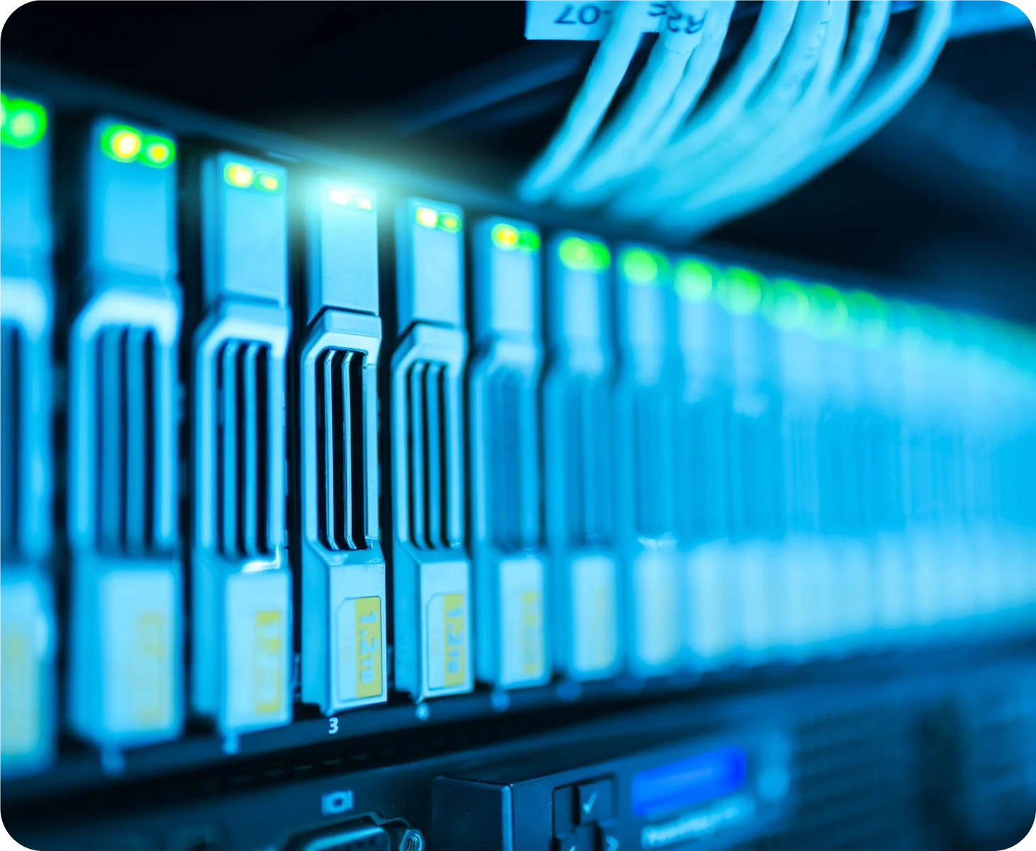 A close up of a server rack in a data center.
